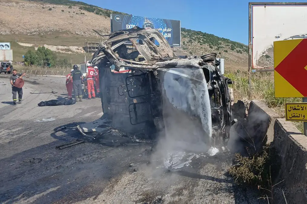 Burnt Lebanese Army vehicle after Israeli strike in southern Lebanon that killed three military personnel including a brigadier general.