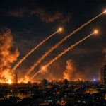 Missiles streak across the night sky above a city amid escalating tensions in the Iran-Israel conflict.