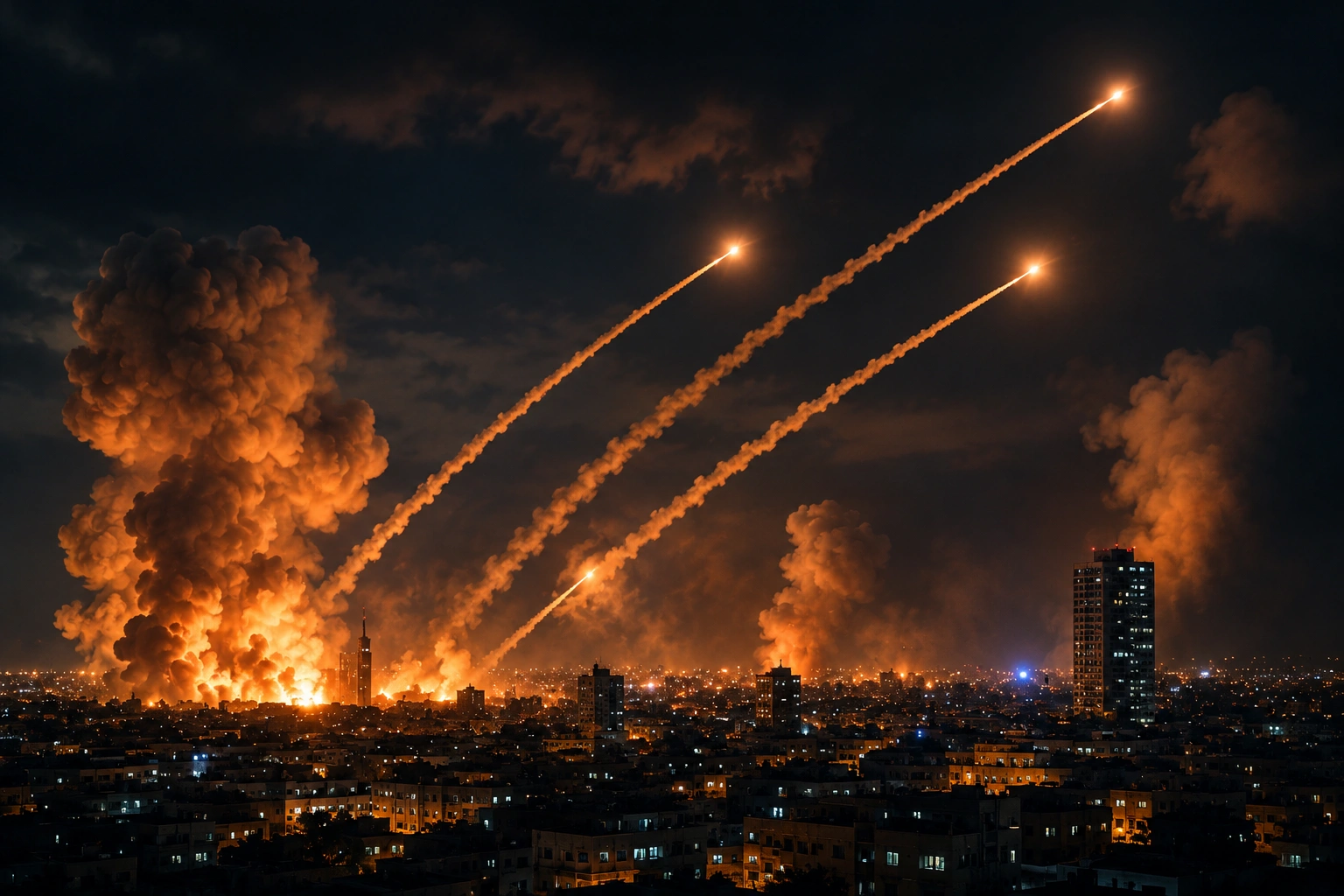 Missiles streak across the night sky above a city amid escalating tensions in the Iran-Israel conflict.
