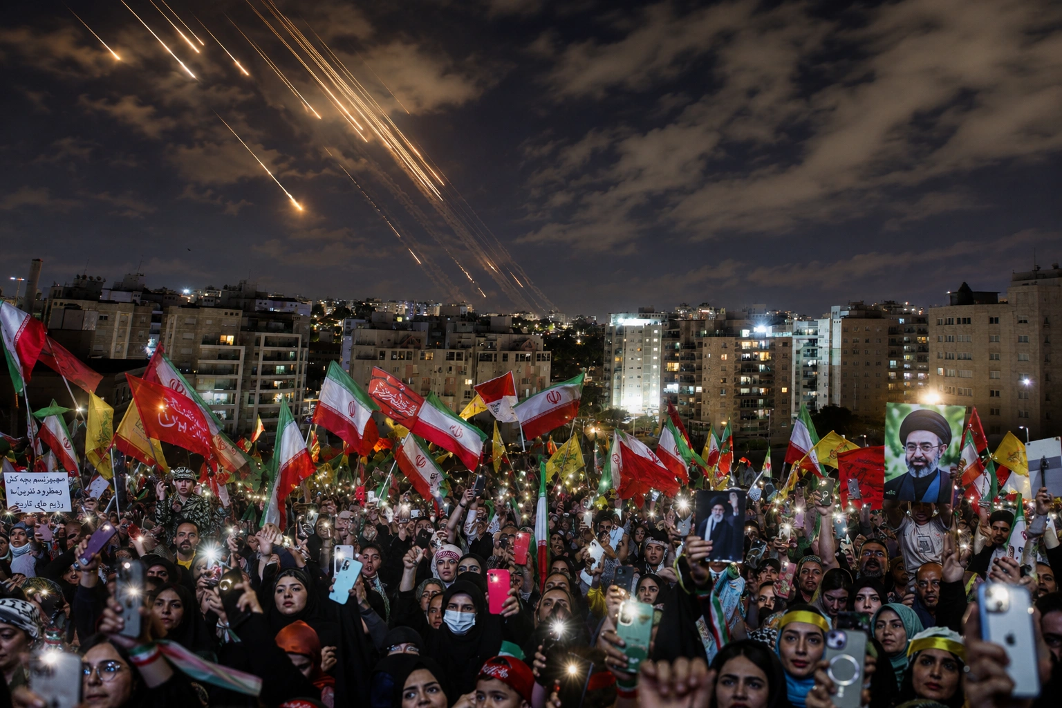 Israel Launches Strikes: Crowds waving Iranian flags gather at night as missile trails streak across the sky above a city amid escalating regional tensions.