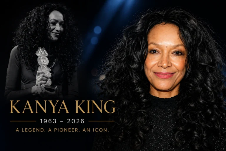 Memorial tribute banner featuring Kanya King, founder of the MOBO Awards, following her death in 2026.