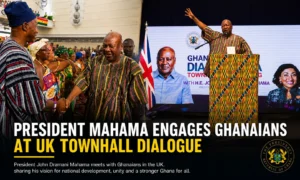 President John Dramani Mahama greets members of the Ghanaian community and addresses a townhall meeting in the United Kingdom.