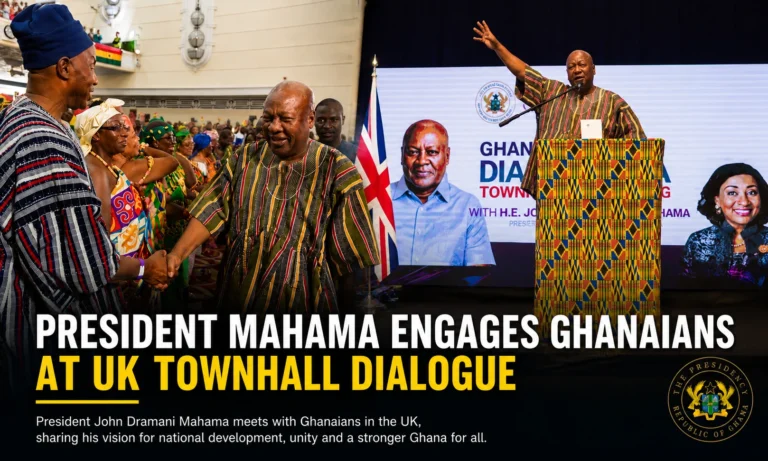 President John Dramani Mahama greets members of the Ghanaian community and addresses a townhall meeting in the United Kingdom.