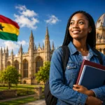 Ghanaian student standing in front of historic university buildings, representing fully funded international scholarship opportunities for students from Ghana.