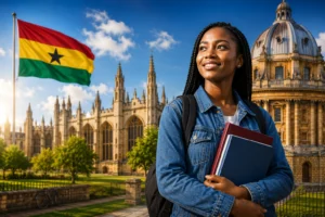 Ghanaian student standing in front of historic university buildings, representing fully funded international scholarship opportunities for students from Ghana.