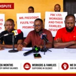 PBC workers address a press conference over unpaid salaries and labour dispute concerns in Ghana.