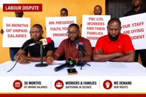 PBC workers address a press conference over unpaid salaries and labour dispute concerns in Ghana.