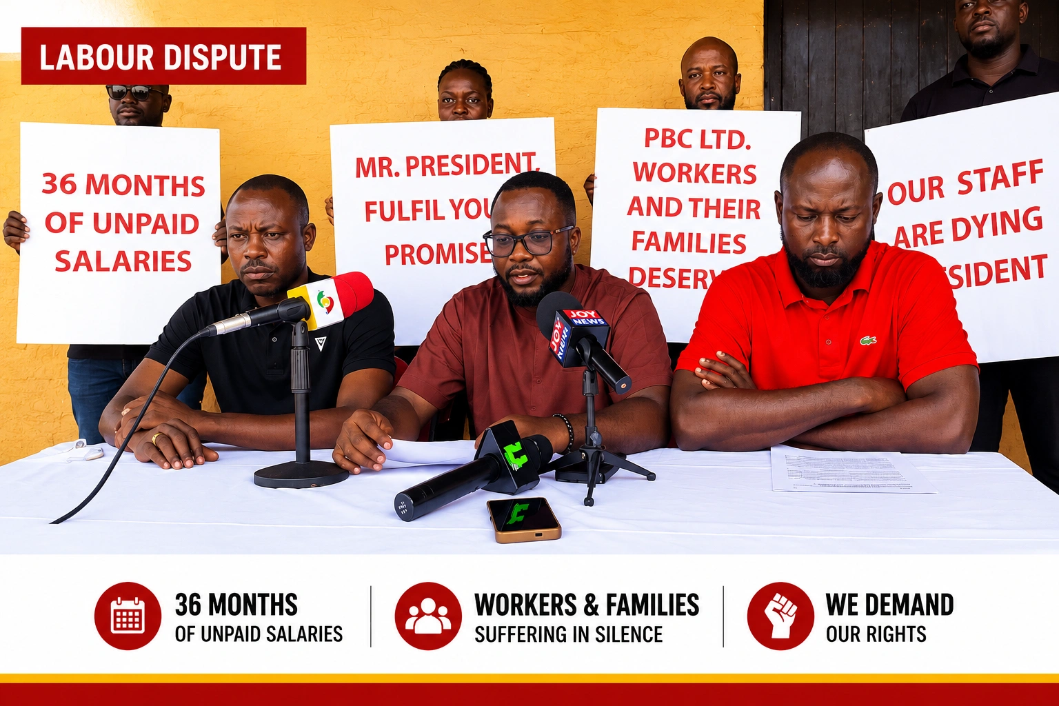 PBC workers address a press conference over unpaid salaries and labour dispute concerns in Ghana.