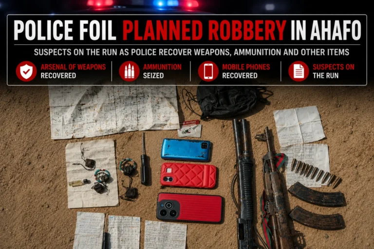 Police recover weapons, ammunition, mobile phones and other items after disrupting a suspected planned robbery operation in Ghana's Ahafo Region.