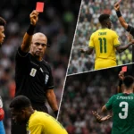 Referee issuing red cards to South Africa's Themba Zwane and Mexico's César Montes during a FIFA World Cup match