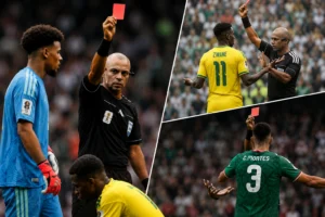 Referee issuing red cards to South Africa's Themba Zwane and Mexico's César Montes during a FIFA World Cup match