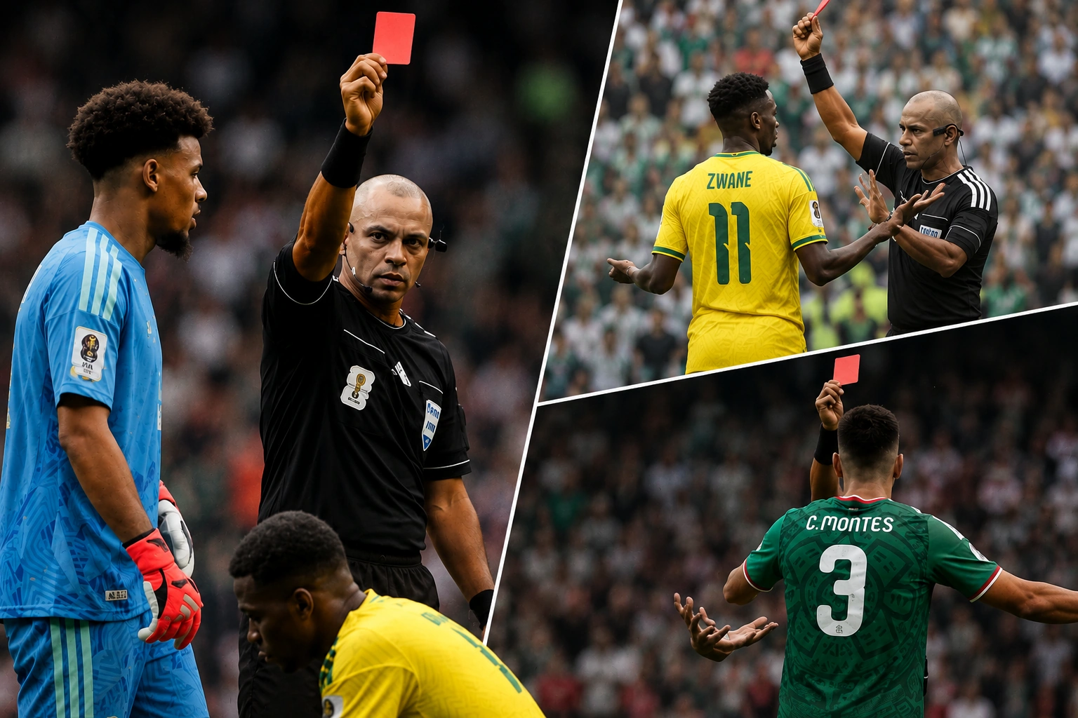Referee issuing red cards to South Africa's Themba Zwane and Mexico's César Montes during a FIFA World Cup match