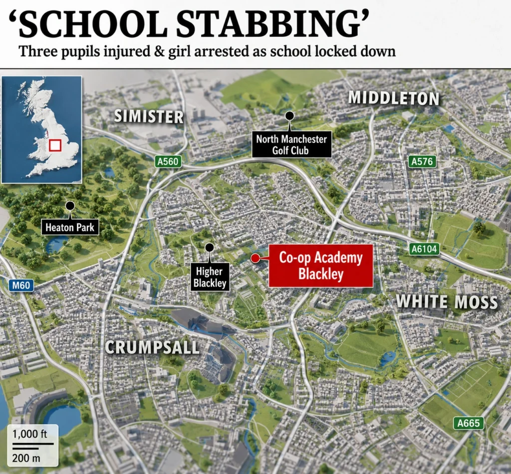 D map showing the location of a school incident in Blackley, Manchester