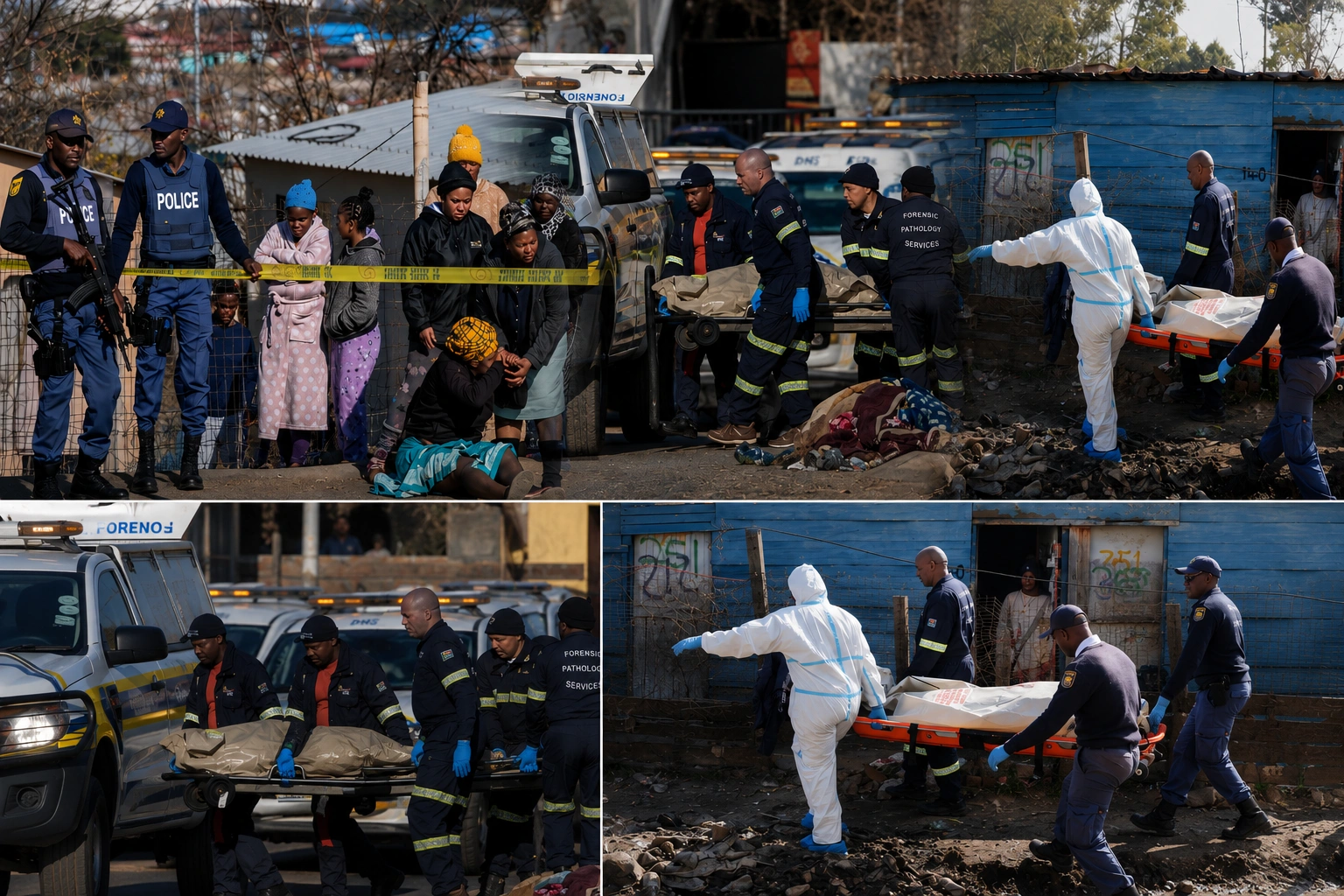 Police and forensic investigators at the scene of a mass shooting in Johannesburg, South Africa
