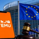 Temu mobile app displayed alongside European Union flags and a judge's gavel, illustrating regulatory action against the e-commerce platform.