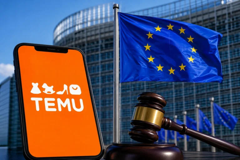 Temu mobile app displayed alongside European Union flags and a judge's gavel, illustrating regulatory action against the e-commerce platform.