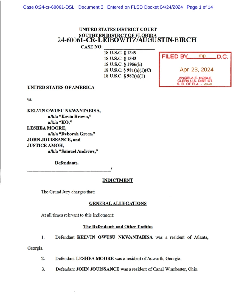 First page of a federal indictment filed in the United States District Court for the Southern District of Florida.