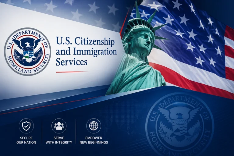 US Citizenship and Immigration Services branding displayed alongside the Statue of Liberty and the United States flag.