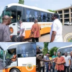 Officials inspect and unveil a new Metro Mass Transit bus during a transport improvement initiative in Ghana's Volta Region.