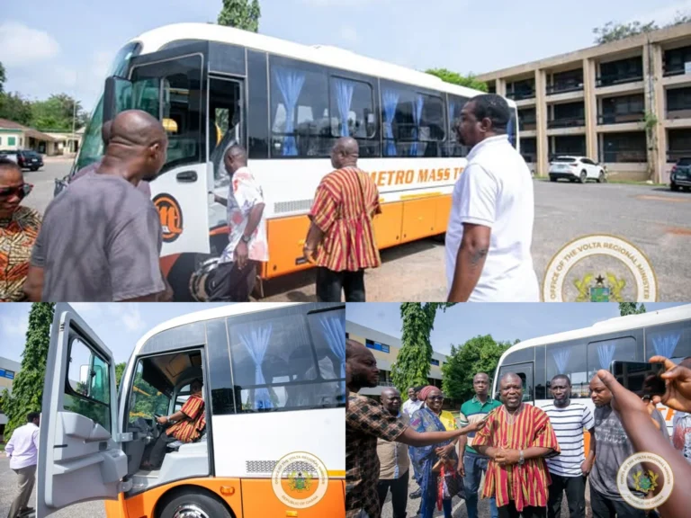 Officials inspect and unveil a new Metro Mass Transit bus during a transport improvement initiative in Ghana's Volta Region.