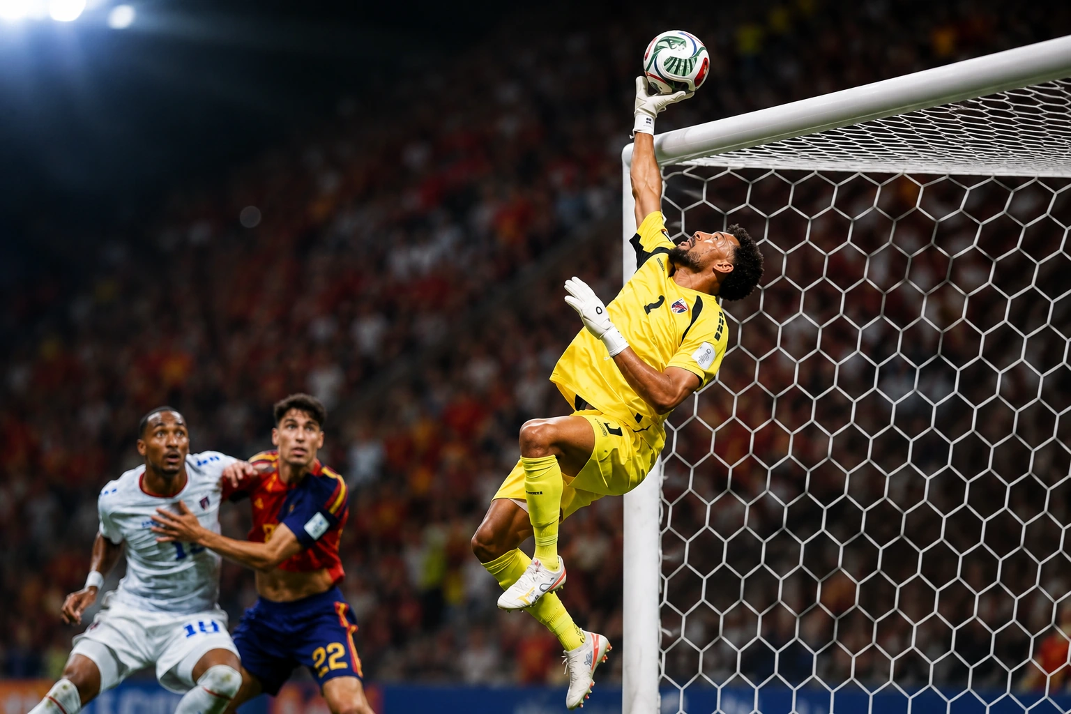 Cape Verde goalkeeper Vozinha makes a crucial save against Spain at the World Cup.