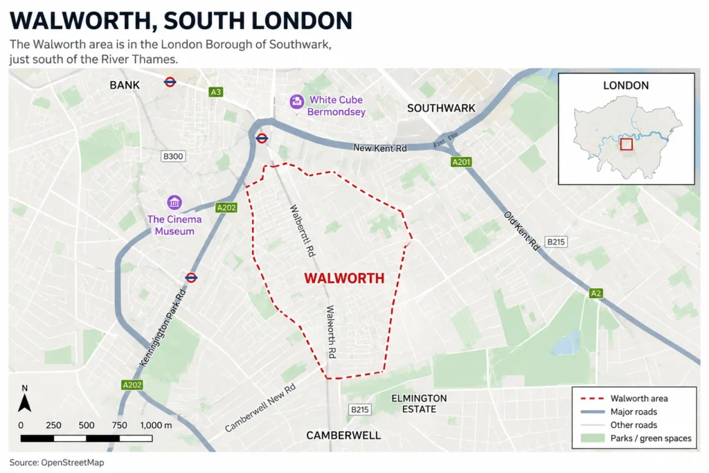 Map showing the Walworth area within the London Borough of Southwark in South London.