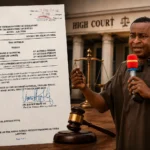 Bernard Antwi-Boasiako AKA Wontumi with court document relating to plea negotiation proceedings in Accra