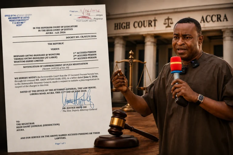 Bernard Antwi-Boasiako AKA Wontumi with court document relating to plea negotiation proceedings in Accra