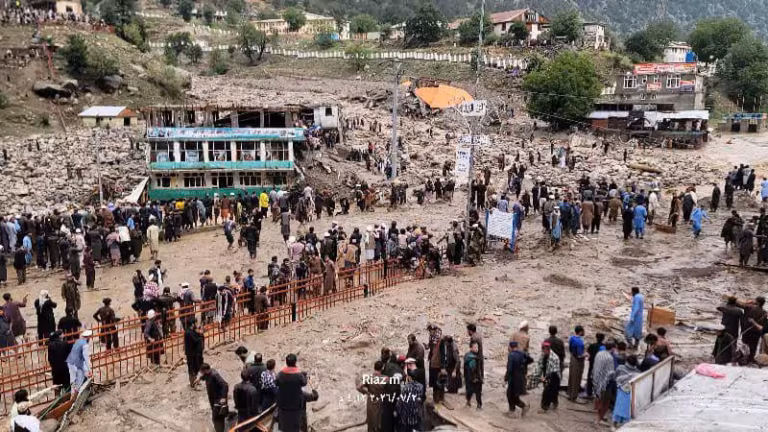 Collapsed and damaged buildings following floods in Nuristan, Afghanistan.