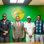 GoldBod CEO Sammy Gyamfi with musicians Shatta Wale and Medikal during discussions on promoting Ghana-made gold jewellery.