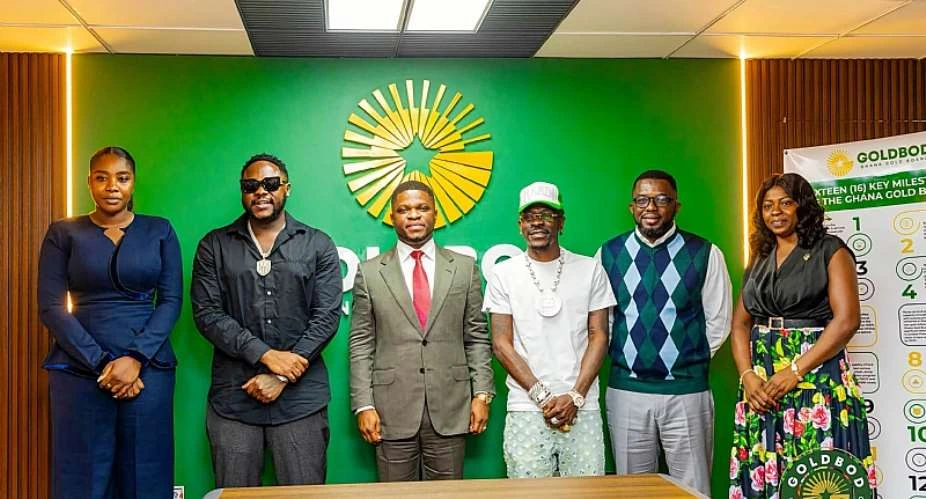 GoldBod CEO Sammy Gyamfi with musicians Shatta Wale and Medikal during discussions on promoting Ghana-made gold jewellery.