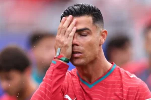 Cristiano Ronaldo reacts emotionally after Portugal's World Cup defeat to Spain in 2026.