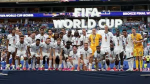 England players celebrate after defeating France in the FIFA World Cup 2026 third-place play-off.