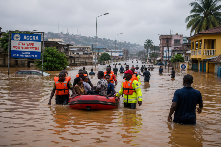 Flooded street rescue scene in Accra.
