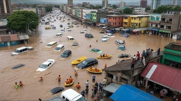 submerged cars outside a flooded properties following severe flooding.