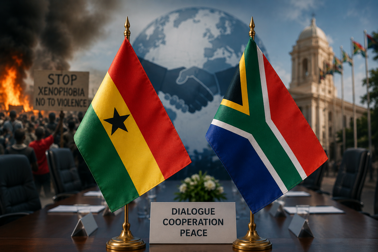 Ghana and South Africa flags displayed against a backdrop symbolising diplomacy amid concerns over anti-migrant violence.