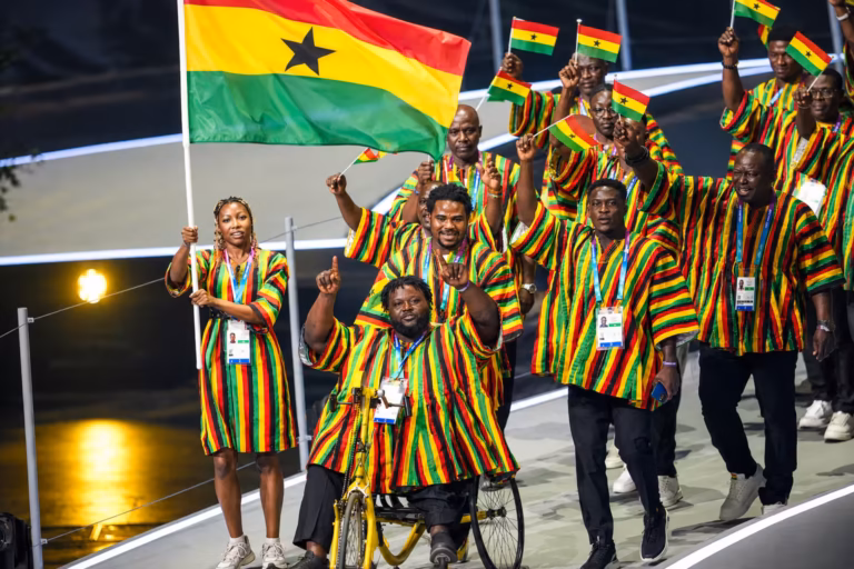 Ghanaian athletes participate in the Parade of Nations during the opening ceremony of the Glasgow 2026 Commonwealth Games.