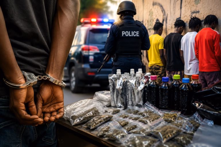 Evidence displayed following a Ghana Police operation that resulted in the arrest of 44 suspects linked to an alleged drug distribution network targeting university students in the Ashanti Region.