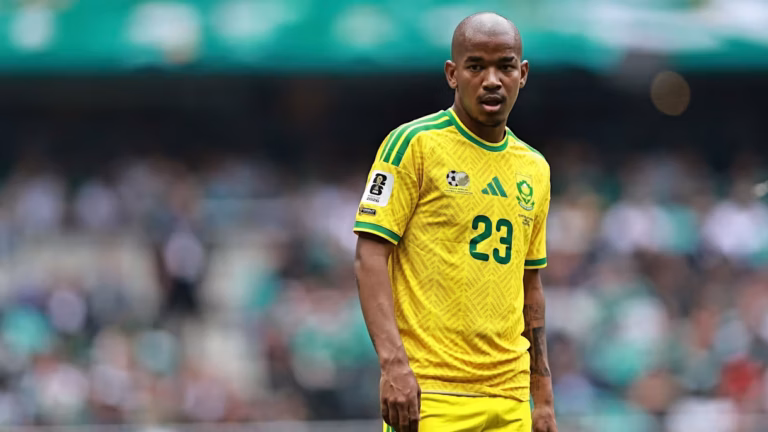 South Africa midfielder Jayden Adams wearing the national team's yellow jersey during the 2026 FIFA World Cup.