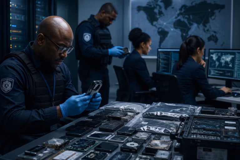 Investigators examine digital devices during a cybercrime investigation linked to organised criminal activities in West Africa.