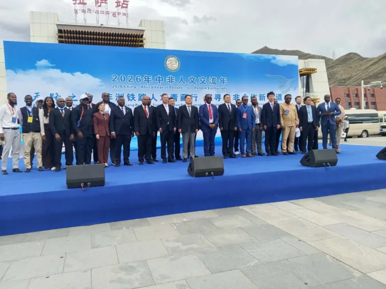 African railway delegates and Chinese officials at the African Railway Talent Qinghai–Xizang Tour in Lhasa, China.