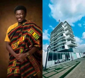 Exterior view of No. 1 Oxford Street Hotel in Accra alongside businessman Nana Kwame Bediako.