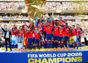 Spain players celebrate with the trophy after winning the 2026 FIFA World Cup.