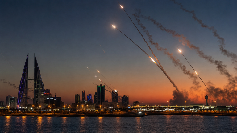 Air defence activity over Bahrain following Iranian strikes on US military facilities.