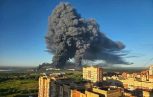 Huge smoke plume rises from a warehouse complex east of Moscow following a Ukrainian drone strike.
