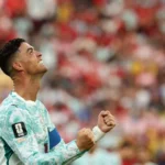 Cristiano Ronaldo celebrates after scoring for Portugal during the FIFA World Cup round of 32 match against Croatia.