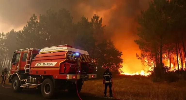 French firefighters responding to a large forest wildfire during a severe heatwave in southwest France.