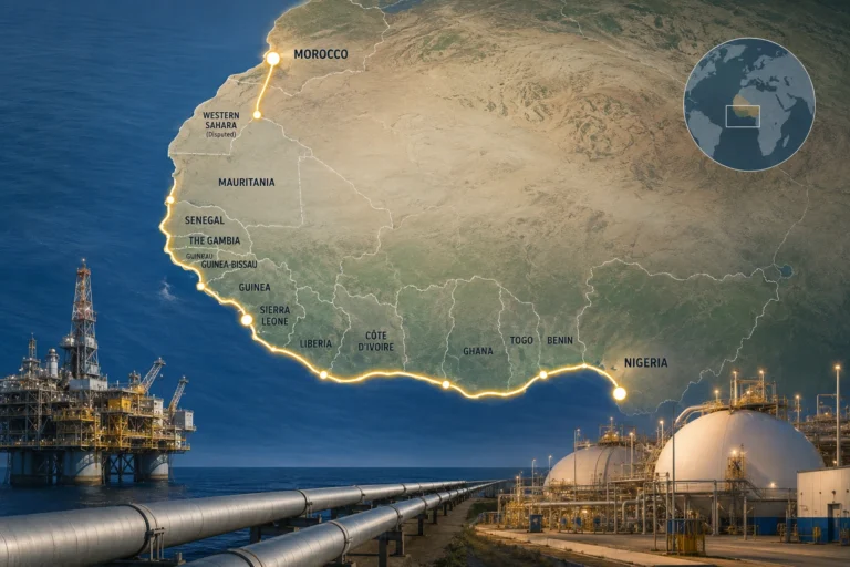 Map of the proposed Nigeria–Morocco Atlantic Gas Pipeline through West Africa to Morocco and Spain.