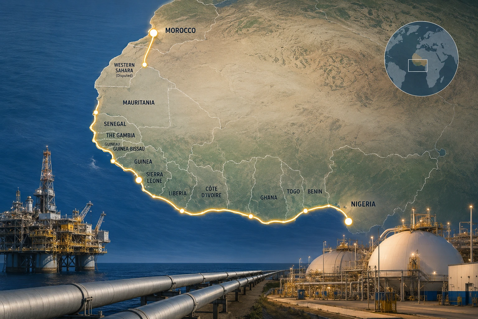 Map of the proposed Nigeria–Morocco Atlantic Gas Pipeline through West Africa to Morocco and Spain.