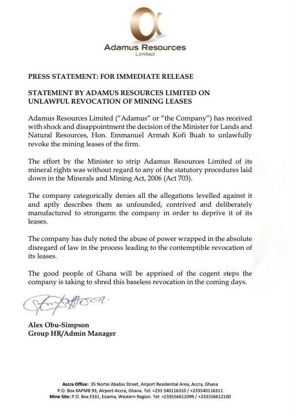 Adamus Resources rejects revocation of mining leases Nukunya